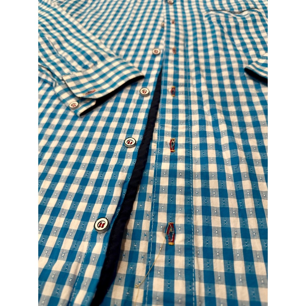 Esel Men Small Women Large Blue White Gingham Check Dobby Button Down Shirt - Picture 2 of 7
